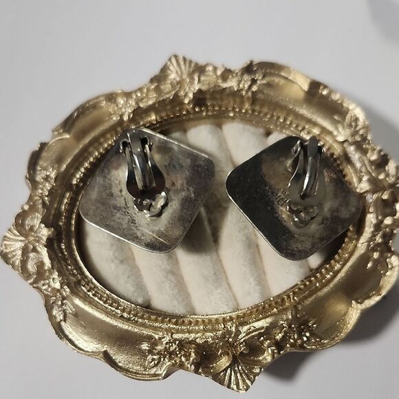 Green and Sterling Silver Square Earrings 925 Mexico - Picture 3 of 4